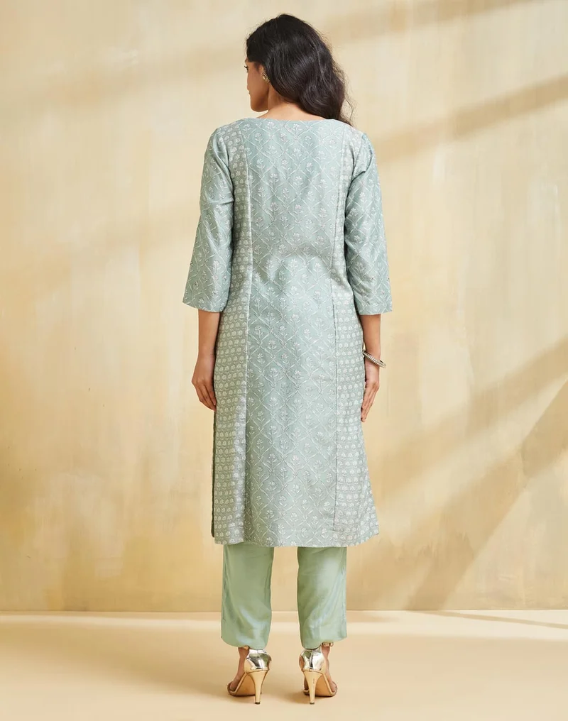 Fabindia Turquoise Cotton Silk Hand Block Printed Slim Fit Long Kurta