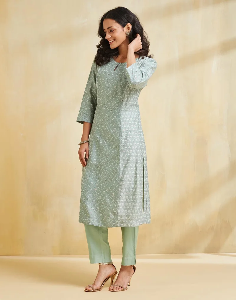 Fabindia Turquoise Cotton Silk Hand Block Printed Slim Fit Long Kurta