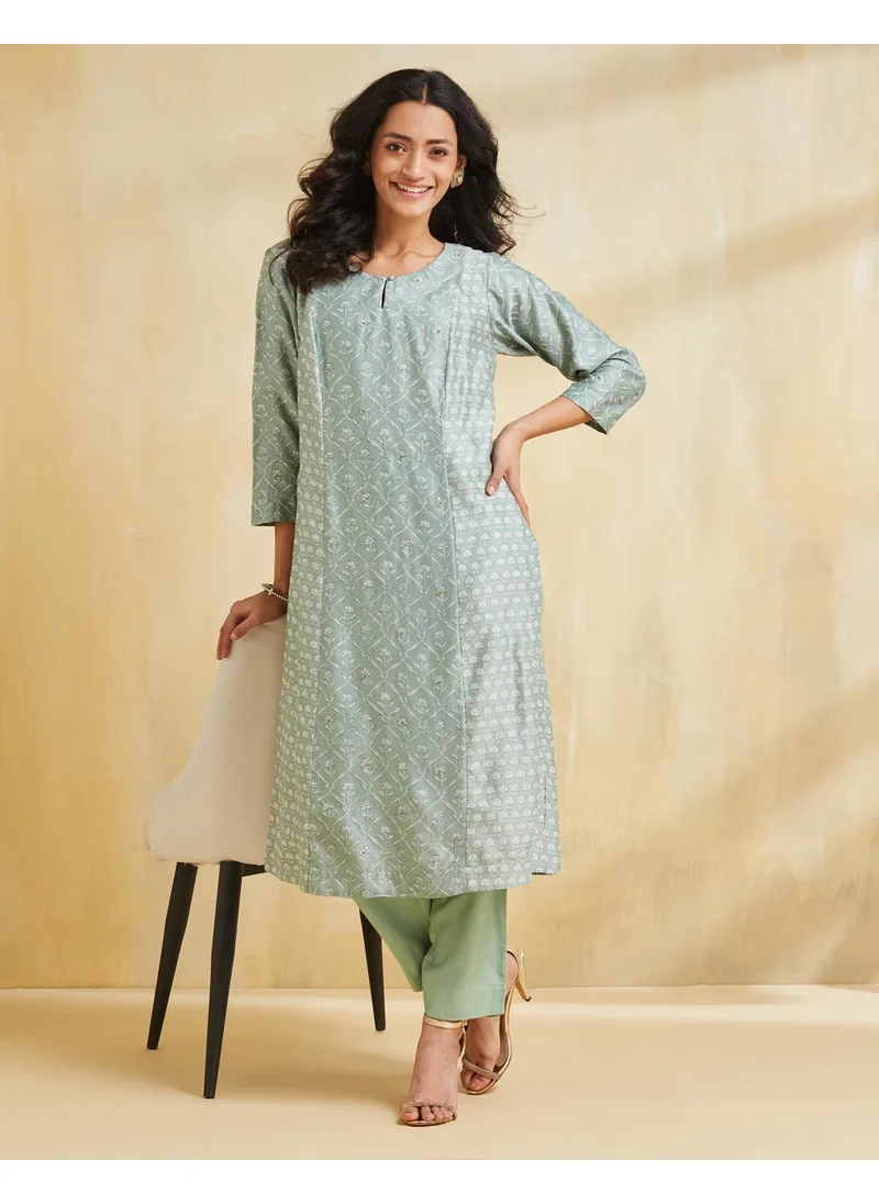 فاب انديا Turquoise Cotton Silk Hand Block Printed Slim Fit Long Kurta