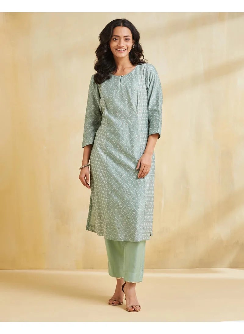 فاب انديا Turquoise Cotton Silk Hand Block Printed Slim Fit Long Kurta