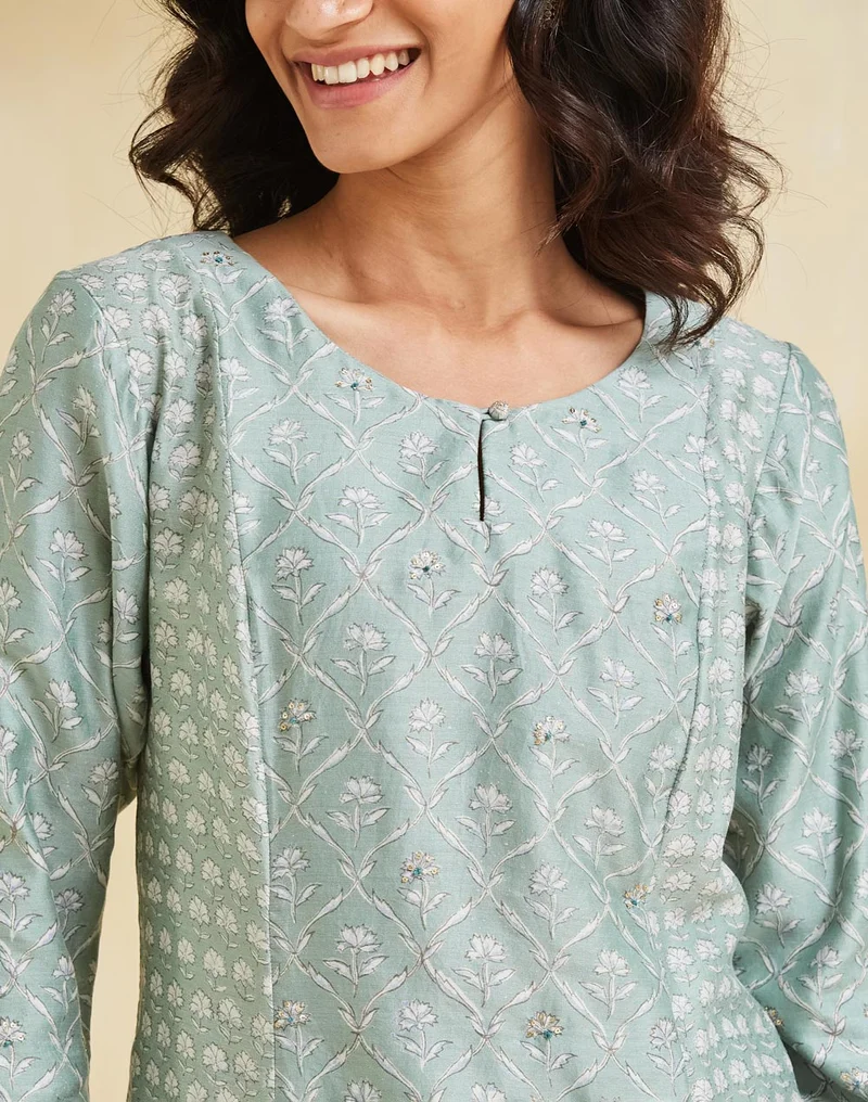 Fabindia Turquoise Cotton Silk Hand Block Printed Slim Fit Long Kurta