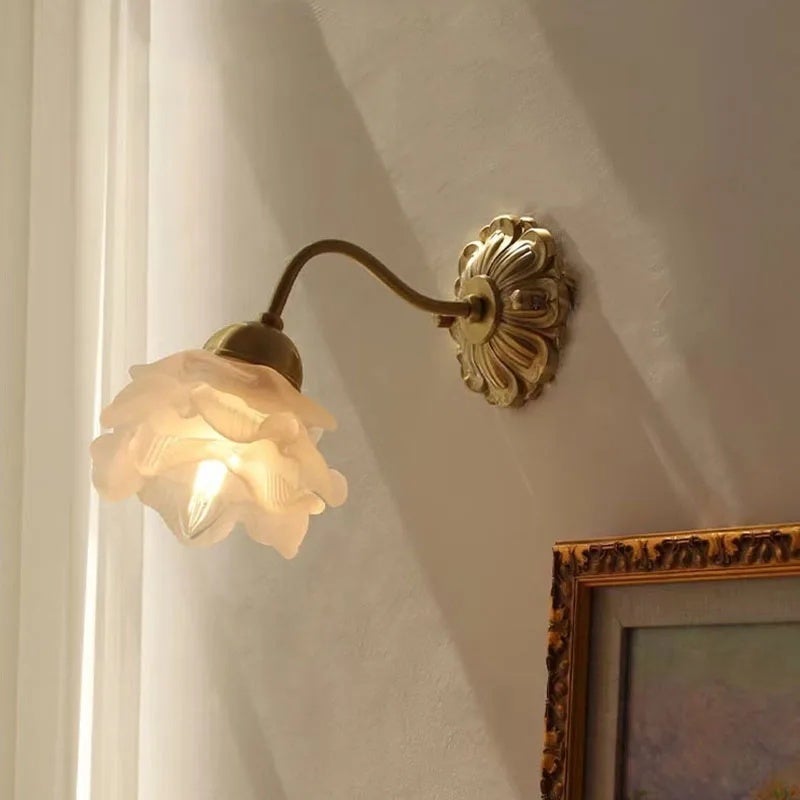 French Copper Wall Lamp Flower Glass, Vintage Retro Bedside Lighting - Image 2