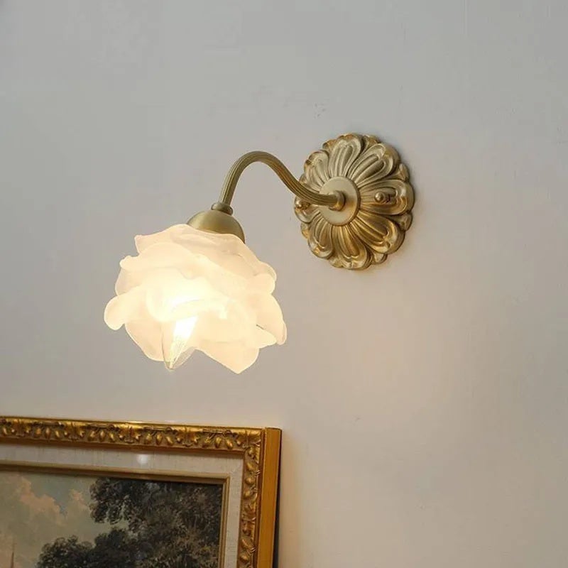 French Copper Wall Lamp Flower Glass, Vintage Retro Bedside Lighting - Image 1
