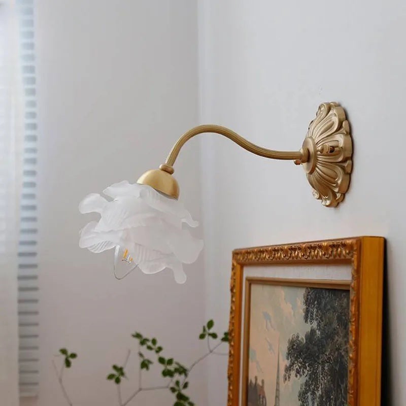 French Copper Wall Lamp Flower Glass, Vintage Retro Bedside Lighting - Image 3
