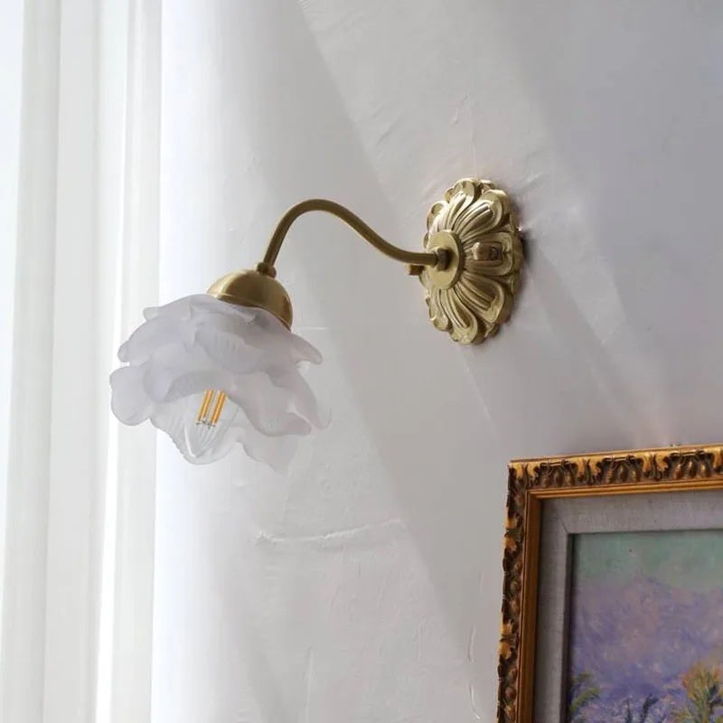 French Copper Wall Lamp Flower Glass, Vintage Retro Bedside Lighting - Image 4