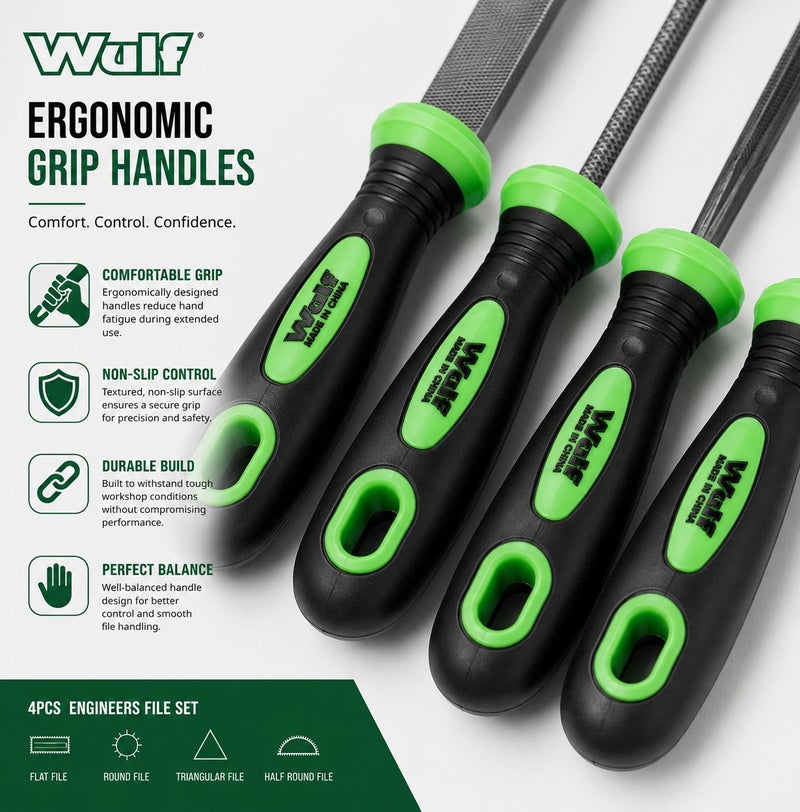 Wulf 4-Piece Engineers File Set 8-Inch 200mm Heavy Duty Metal Hand File Kit with Flat Round Triangular and Half Round Files for Woodworking Metalworking DIY Repair Tools - Image 3