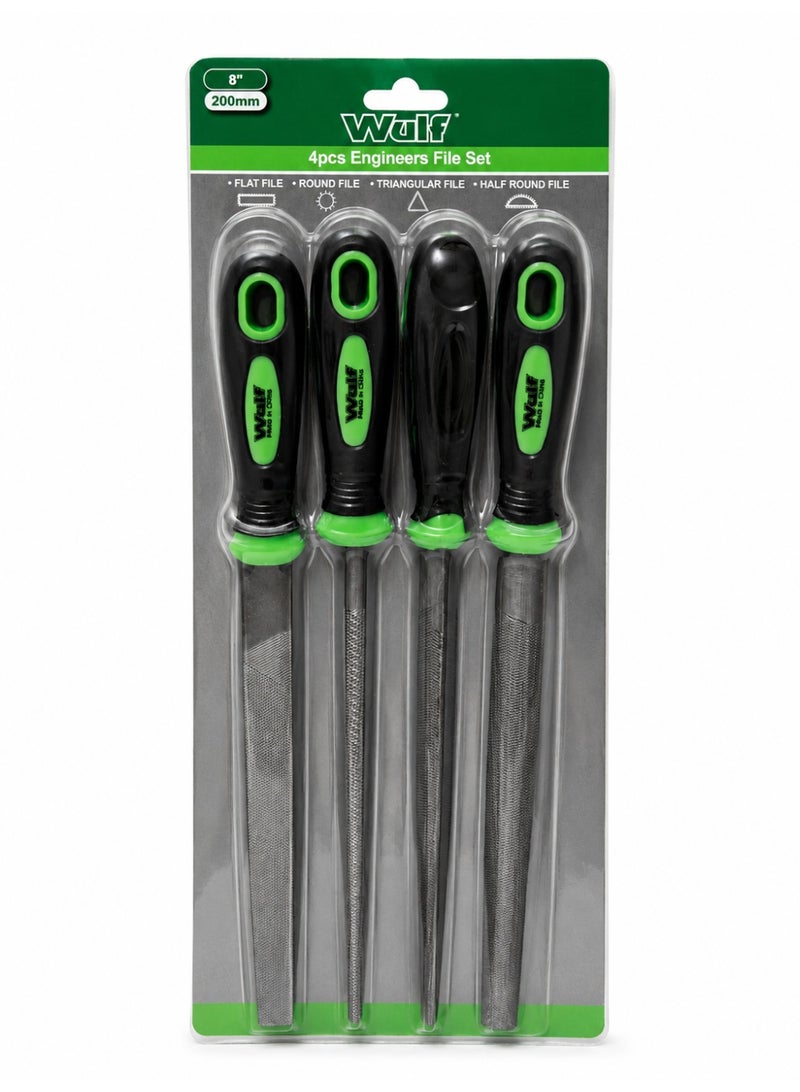 Wulf 4-Piece Engineers File Set 8-Inch 200mm Heavy Duty Metal Hand File Kit with Flat Round Triangular and Half Round Files for Woodworking Metalworking DIY Repair Tools - Image 1