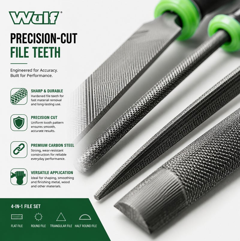 Wulf 4-Piece Engineers File Set 8-Inch 200mm Heavy Duty Metal Hand File Kit with Flat Round Triangular and Half Round Files for Woodworking Metalworking DIY Repair Tools - Image 2