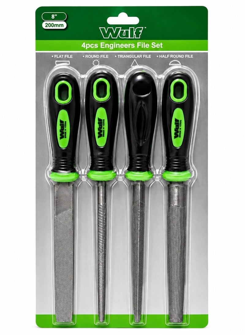 Wulf 4-Piece Engineers File Set 8-Inch 200mm Heavy Duty Metal Hand File Kit with Flat Round Triangular and Half Round Files for Woodworking Metalworking DIY Repair Tools - Image 1