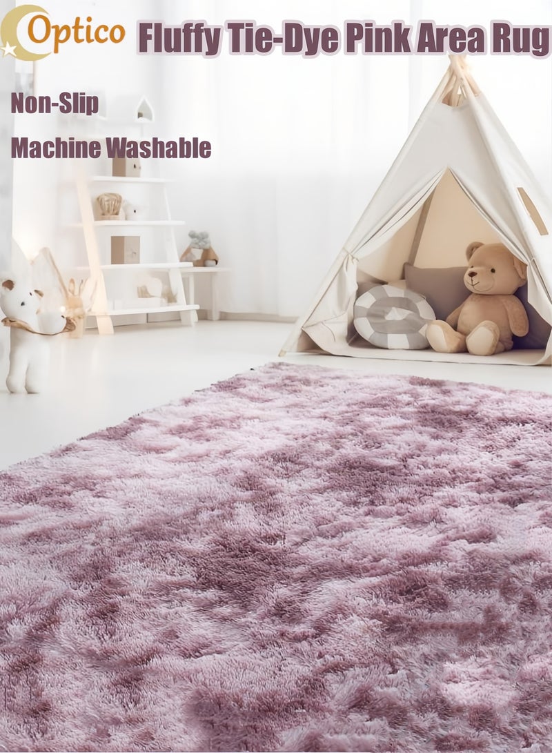 Optico Fluffy Tie-Dye Pink Area Rug, Shaggy Fluffy Rug Washable Non-Slip Throw Carpet Soft Plush Bedside Rug Fuzzy Tie Dyed Carpet Mat Modern Bedroom Living Room Rug Playroom Nursery Area Rug Carpet for Kids Girls Boys Home Decor - Image 1