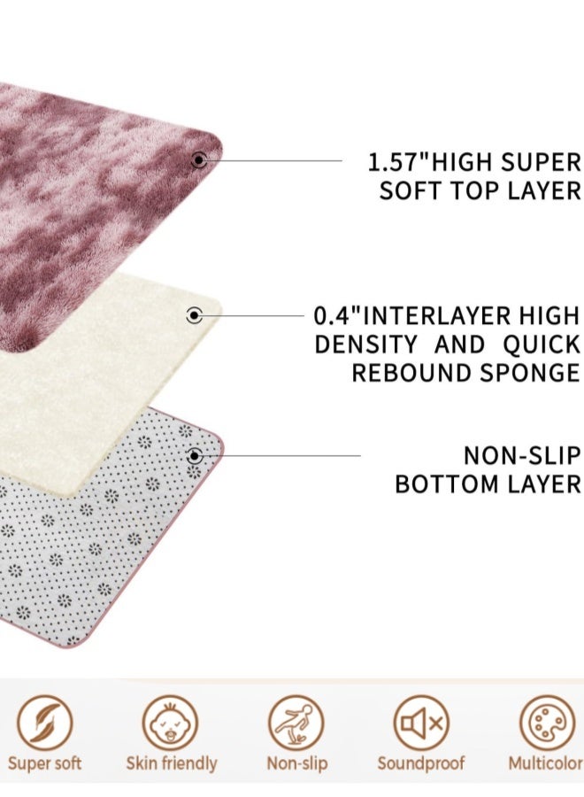 Optico Fluffy Tie-Dye Pink Area Rug, Shaggy Fluffy Rug Washable Non-Slip Throw Carpet Soft Plush Bedside Rug Fuzzy Tie Dyed Carpet Mat Modern Bedroom Living Room Rug Playroom Nursery Area Rug Carpet for Kids Girls Boys Home Decor - Image 2