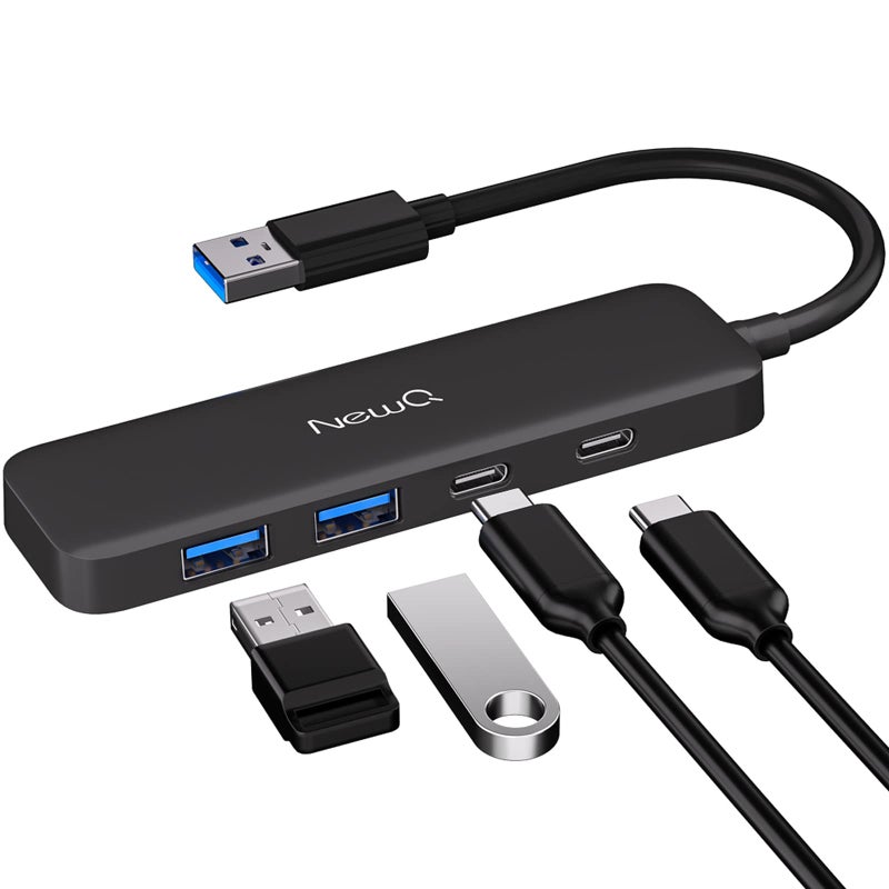 NewQ Dual USB C USB A 3.0 Hub: USB Hub 4 Ports with 2* USB-C 3.0 and 2* USB-A 3.0, Ultra Slim Portable USB Splitter Adapter for Laptop, PS4, Flash Drive, HDD, Xbox, Printer, Mouse, Keyboard, Computer - Image 1