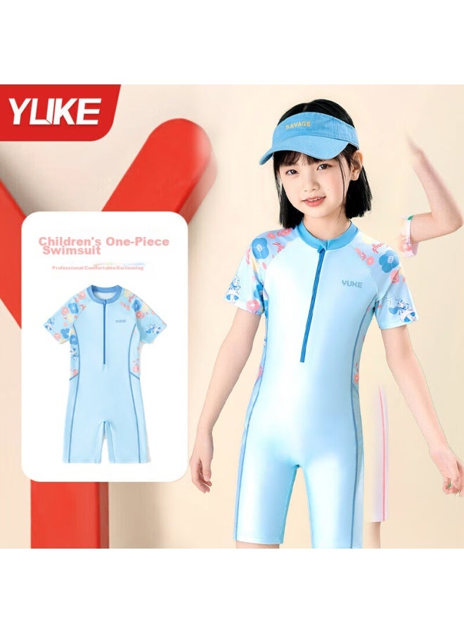 Yuke Children's One-piece Swimsuit For Girls, Boyshort Style, Quick-drying Swimwear With Towel And Water Gun, Blue Floral Pattern, Size L - Image 1