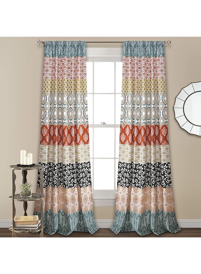 The Bros Bohemian Stripe Window Curtain Colorful Bold Design Panel Pair, 52"W x 84"L, Turquoise & Orange - Image 1