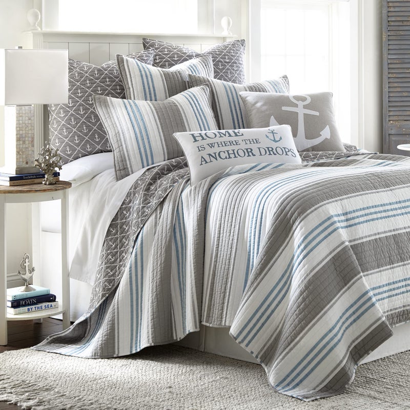 Levtex Home Levtex Home  Provincetown KingCal King Quilt  Striped Coastal  Grey White and Blue  Quilt Size 106x92in  Reversible  Cotton Fabric 