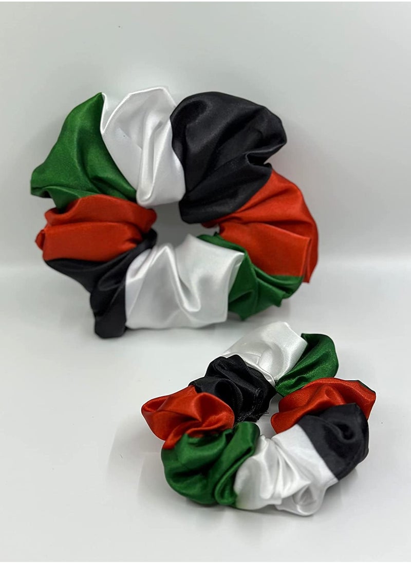 THE BABA The Baba 2 Pieces Large & Medium UAE Flag Color Hair Scrunchies for Girls & Women Finest Satin Scrunchies Hair Tie Elastic Hair Huggers Cozy Coils  - Image 2