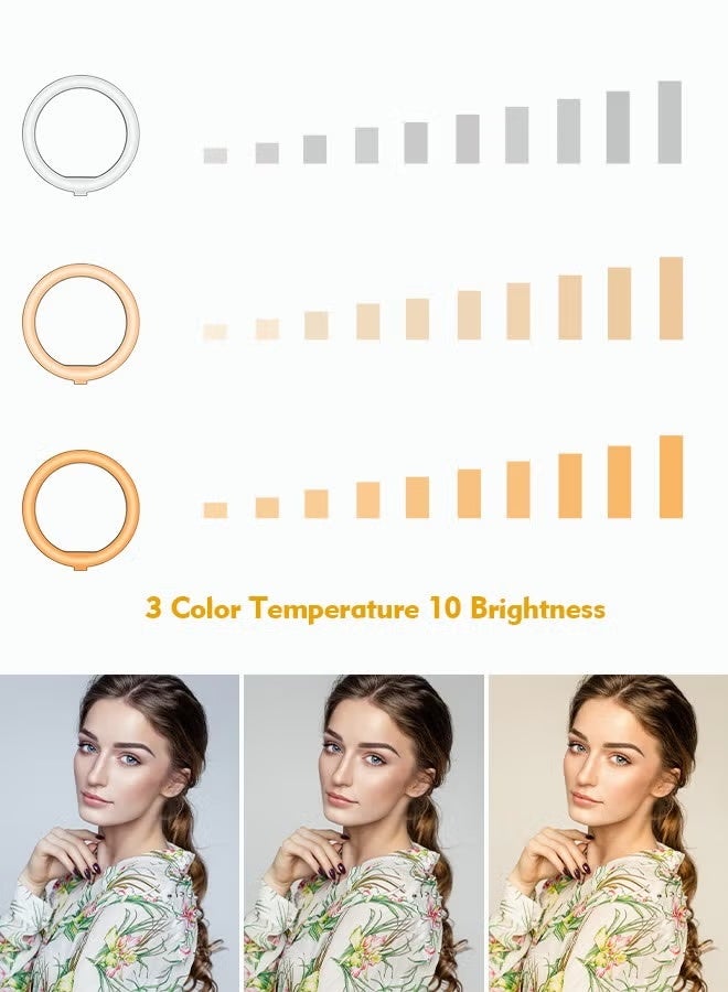 حلقة إضاءة سيلفي ١٠ بوصات مع حامل ثلاثي القوائم قابل للتمديد بطول ٥٠ بوصة وحوامل هواتف، بثلاثة أوضاع ألوان و١١ درجة سطوع، مثالية لبث فيديوهات المكياج مباشرةً. - Image 3