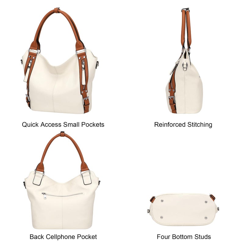 Over Earth Genuine Leather Handbags for Women Hobo Shoulder Bags Ladies Tote Bag(O172E Beige/Brown) - Image 3