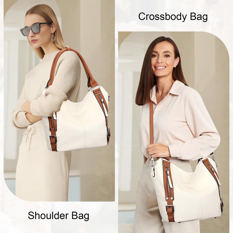 Over Earth Genuine Leather Handbags for Women Hobo Shoulder Bags Ladies Tote Bag(O172E Beige/Brown) - Image 2