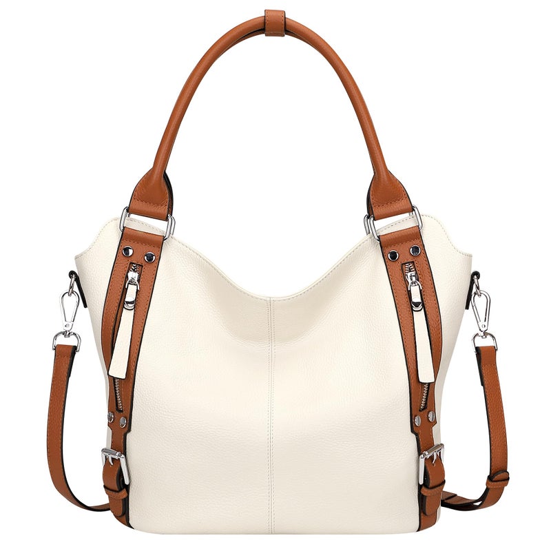 Over Earth Genuine Leather Handbags for Women Hobo Shoulder Bags Ladies Tote Bag(O172E Beige/Brown) - Image 1