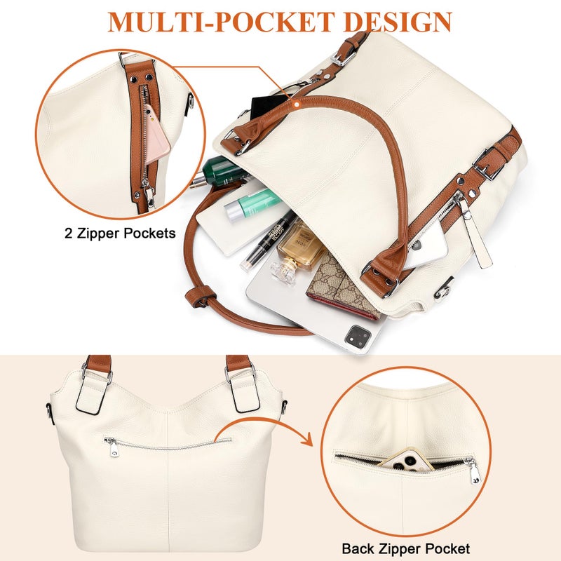 Over Earth Genuine Leather Handbags for Women Hobo Shoulder Bags Ladies Tote Bag(O172E Beige/Brown) - Image 4