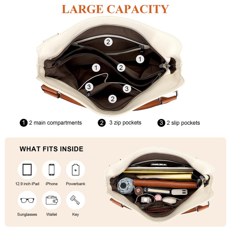 Over Earth Genuine Leather Handbags for Women Hobo Shoulder Bags Ladies Tote Bag(O172E Beige/Brown) - Image 5