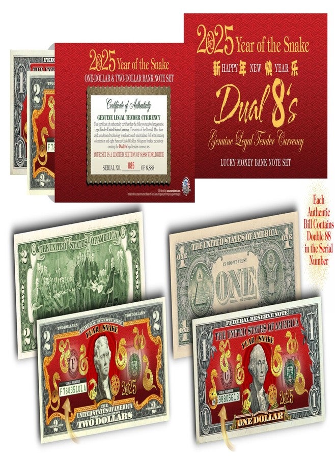 Merrick Mint 2025 Chinese Lunar New Year Year of The Snake Gold Hologram Colorized Two & One Dollar Federal Reserve Note Special Edition $2 & $1 Set Collectible RED Lunar Lucky Envelope - Image 3