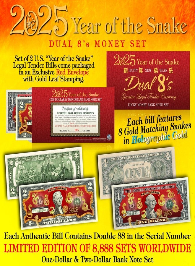 Merrick Mint 2025 Chinese Lunar New Year Year of The Snake Gold Hologram Colorized Two & One Dollar Federal Reserve Note Special Edition $2 & $1 Set Collectible RED Lunar Lucky Envelope - Image 2