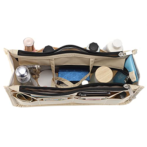BTSKY Printing Handbag Organizers Inside Purse Insert High Capacity 13 Pockets Bag Tote Organizer with Handle Beige - Image 3