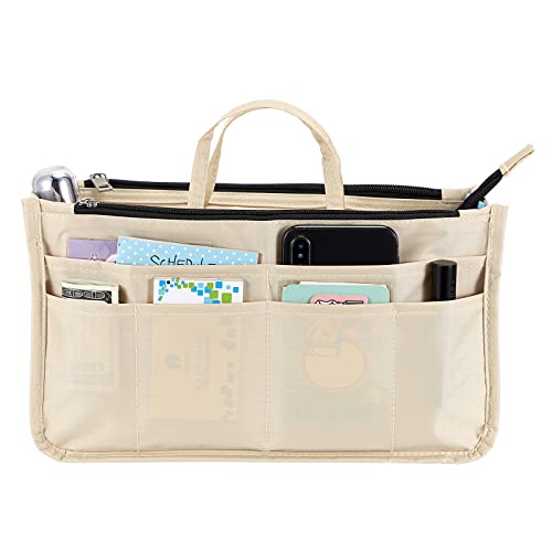 BTSKY Printing Handbag Organizers Inside Purse Insert High Capacity 13 Pockets Bag Tote Organizer with Handle Beige - Image 1