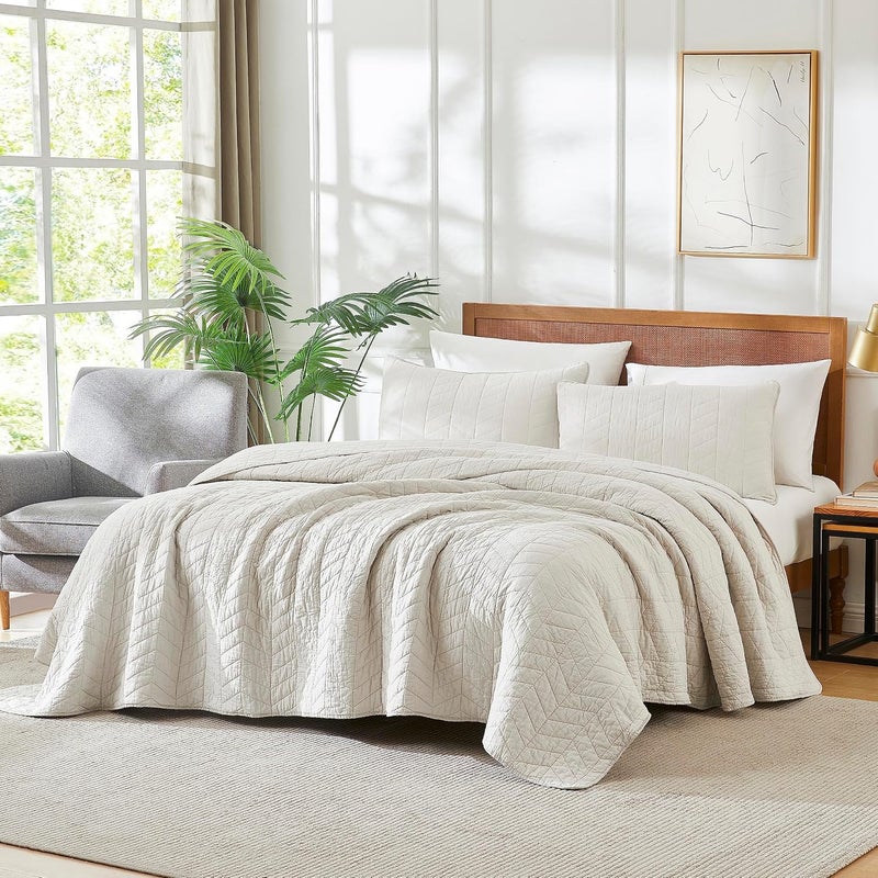 palassio Beige 100% Cotton Quilt California Cal King Size Bedding Sets with Pillow Shams, White Oversized Lightweight Soft Bedspread Coverlet, Tan Cream Bed Cover for All Season, 3 Pieces, 118x106 inches - Image 3