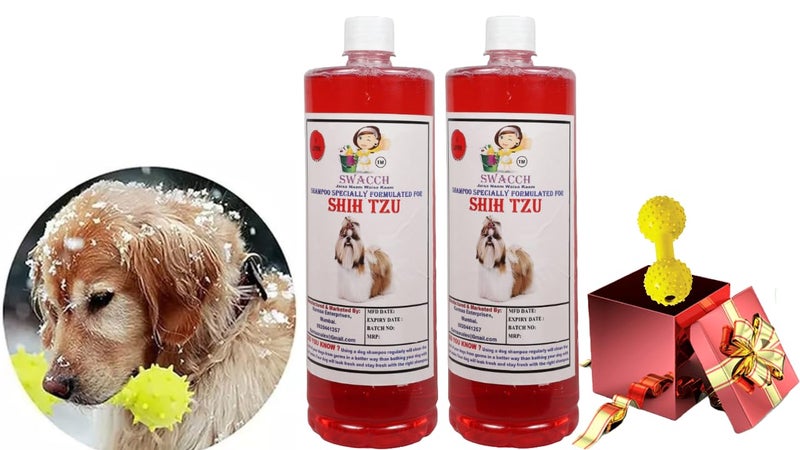 swacch Shih Tzu Dog Shampoo + Dumbbell Toy I Durable Rubber Dog Toy for Chewing I Playing,Teeth Cleaning & Training Toy I Combo Pack I 1 Litre Pack of 2 Jasmine - Image 1