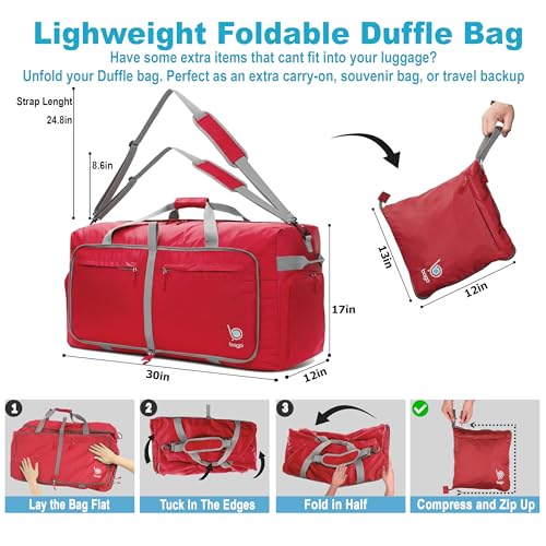 Bago Large Foldable Duffel Bags for Traveling Women & Men - 100L Packable Duffle Bag for Travel with Shoe Compartment - Water Repellant, Heavy Duty, Lightweight Folding & Collapsible (Red) - Image 4