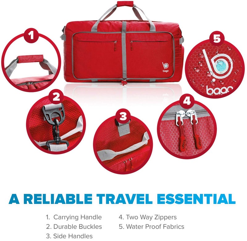 Bago Large Foldable Duffel Bags for Traveling Women & Men - 100L Packable Duffle Bag for Travel with Shoe Compartment - Water Repellant, Heavy Duty, Lightweight Folding & Collapsible (Red) - Image 3