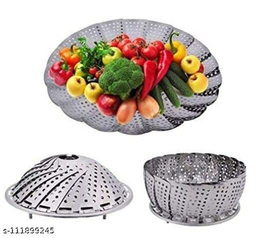 TERXA Stainless Steel Steamer Retractable Metallic Stainless Steel Steamer Basket for VegetableInsert for Pots Pans Foldable Multipurpose Fruit Bowl Steamer - Image 5