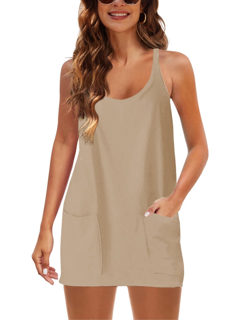 Lentta Womens Athletic Sleeveless Mini Dress with Built-in Shorts V Neck Spaghetti Strap Sundress(Khaki-XS) - Image 3