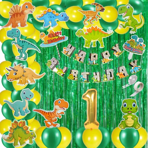FI - FLICK IN 72 Pcs 1st Birthday Jungle Theme Fringe Curtain Dino Cutouts Cake Topper Props Dinosaur Decoration for Boys Animal Theme Bday (Pack of 72, Multicolor) - Image 1