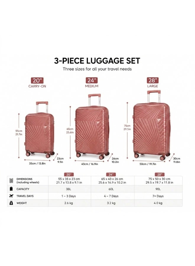 VELMORE 3 Piece Polypropylene Hard Side Luggage Set - Lightweight Spinner Suitcases with 360° Wheels | Durable Trolley Bags for Secure Travel (Small, Medium, Large) - Rose Gold - Image 2