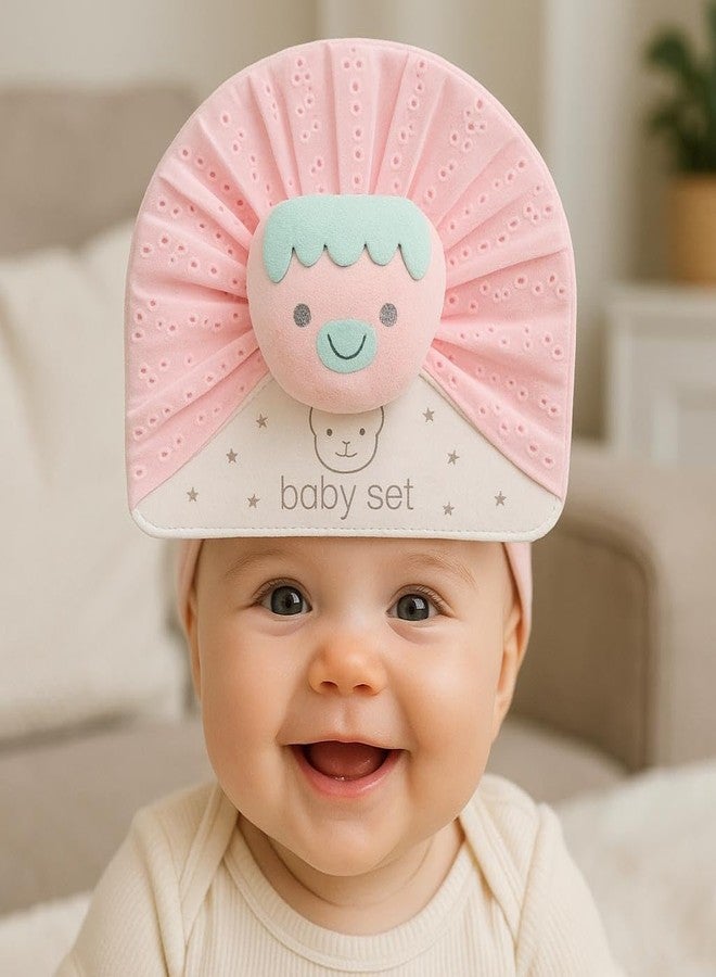 BABY STATION Cotton Turban Hat with Flower - Soft Unisex Baby Cap (0-3 Years) Light Pink - Image 2