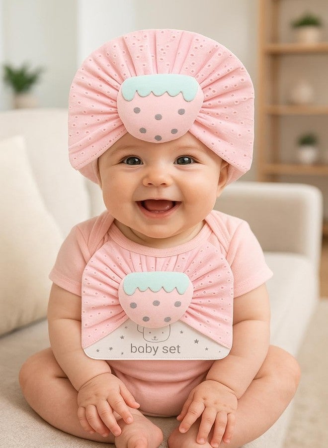 BABY STATION Cotton Turban Hat with Flower - Soft Unisex Baby Cap (0-3 Years) Light Pink - Image 3