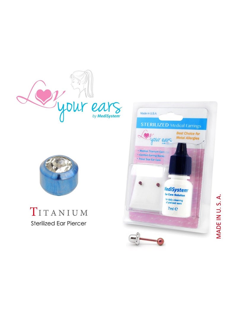 MediSystem Sterilized Medical Earrings Blue Titanium 3mm Crystal Bezel Made USA  - Image 1