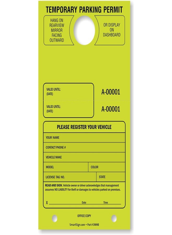 SmartSign (Pack of 50) Temporary Parking Permit Company Name, Your Address and Number Large Hang Tags | 4.25" x 7.75" Paper, Car Parking Passes with Tear Off Stub, Fluorescent Lemon Yellow - Image 1
