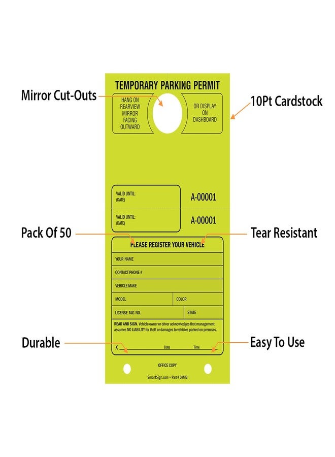 SmartSign (Pack of 50) Temporary Parking Permit Company Name, Your Address and Number Large Hang Tags | 4.25" x 7.75" Paper, Car Parking Passes with Tear Off Stub, Fluorescent Lemon Yellow - Image 5