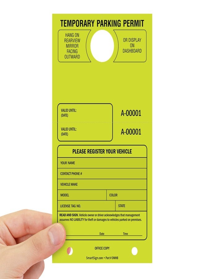 SmartSign (Pack of 50) Temporary Parking Permit Company Name, Your Address and Number Large Hang Tags | 4.25" x 7.75" Paper, Car Parking Passes with Tear Off Stub, Fluorescent Lemon Yellow - Image 3