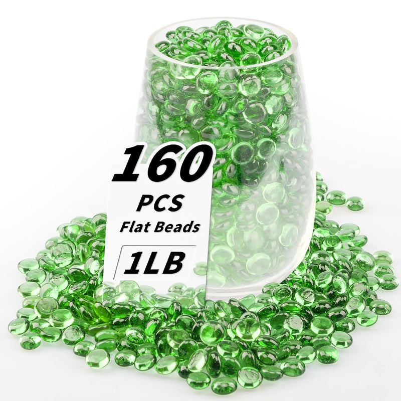 Foncomy 1 LB Green Flat Glass Beads, 160-180PCS Small Glass Marbles, Mini Flat Round Pebbles for Vase Filler and Floral, Fish Tank Rocks Decorative Gemstones for Home and Aquarium Décor - Image 1