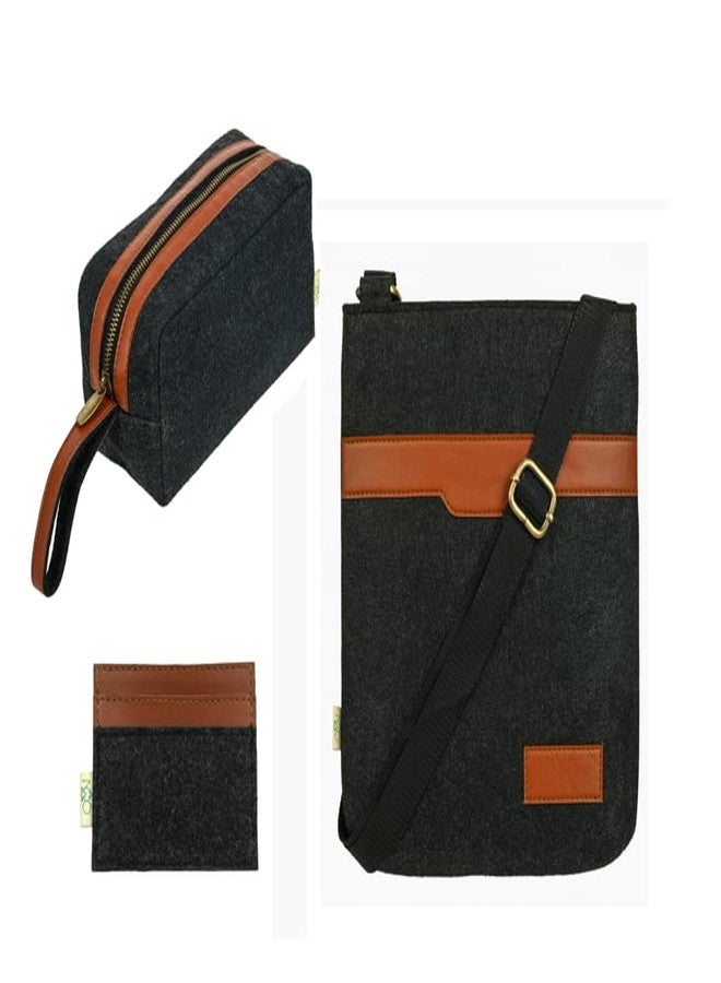 OON The Day to Day Choice Gift Hamper for Diwali Festival Unisex Eco-Felt & Vegan Leather Products - Combo Pack of 3(Pouch,Sling Bag,Card Holder) Black - Image 1