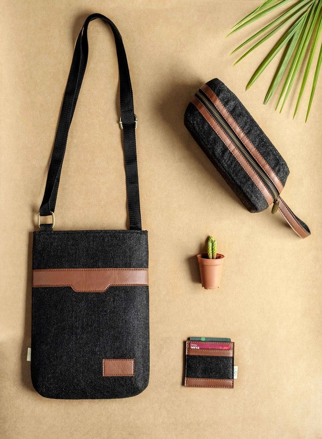 OON The Day to Day Choice Gift Hamper for Diwali Festival Unisex Eco-Felt & Vegan Leather Products - Combo Pack of 3(Pouch,Sling Bag,Card Holder) Black - Image 2