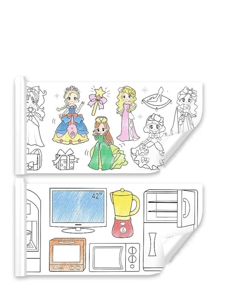 Soofam لفة ورق التلوين للأطفال، لفة ورق رسم للأطفال، ورق تعبئة ملون للرسم اللاصق بنفسك، ألعاب تعليمية إبداعية مبكرة للأطفال الصغار (قطعتان من الأميرات والسلع اليومية)  - Image 1