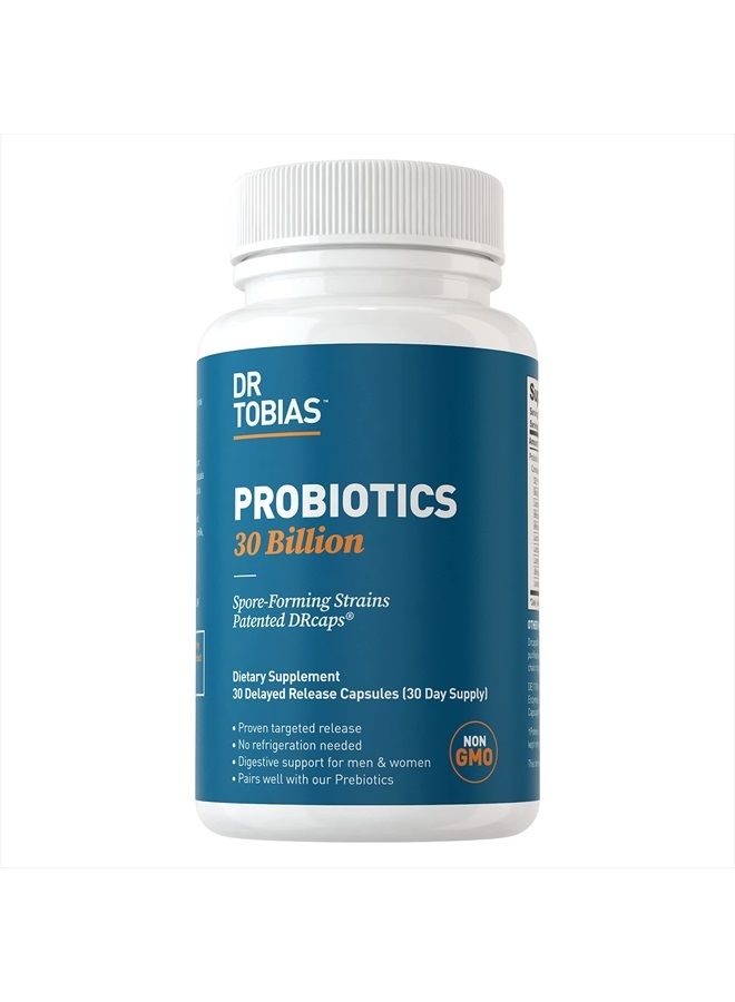 Dr. Tobias Probiotics 30 Billion, 10 Strains, 30 Billion CFU's, Targeted Release Probiotics for Digestive Health, Shelf-Stable Probiotics for Women & Men, Non-GMO, 30 Capsules, 30 Servings - Image 1