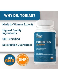 Dr. Tobias Probiotics 30 Billion, 10 Strains, 30 Billion CFU's, Targeted Release Probiotics for Digestive Health, Shelf-Stable Probiotics for Women & Men, Non-GMO, 30 Capsules, 30 Servings  - Image 5